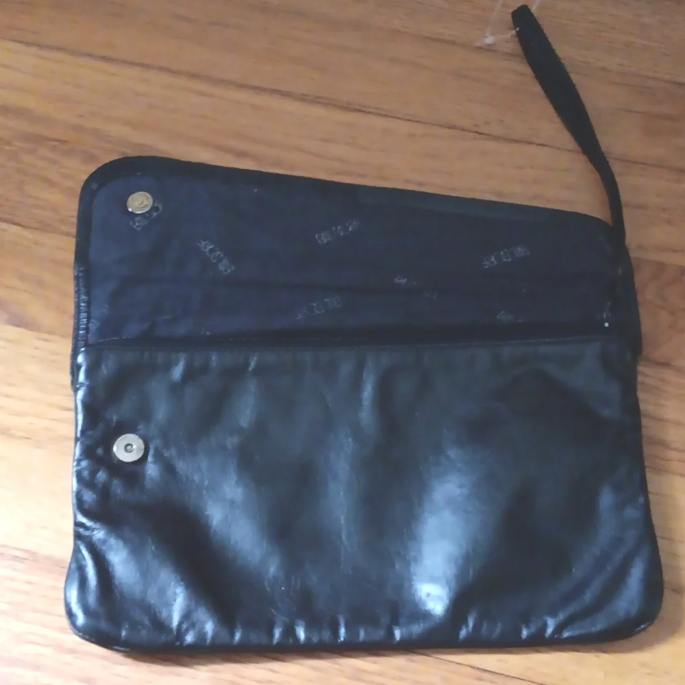 Bill Dorf Vintage Black Leather Clutch with Wristlet Strap
